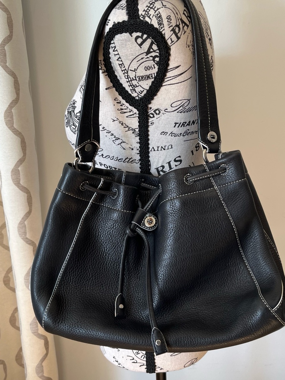 Cole Haan Black Drawstring Steampunk It Girl Leather Editorial Bucket Bag